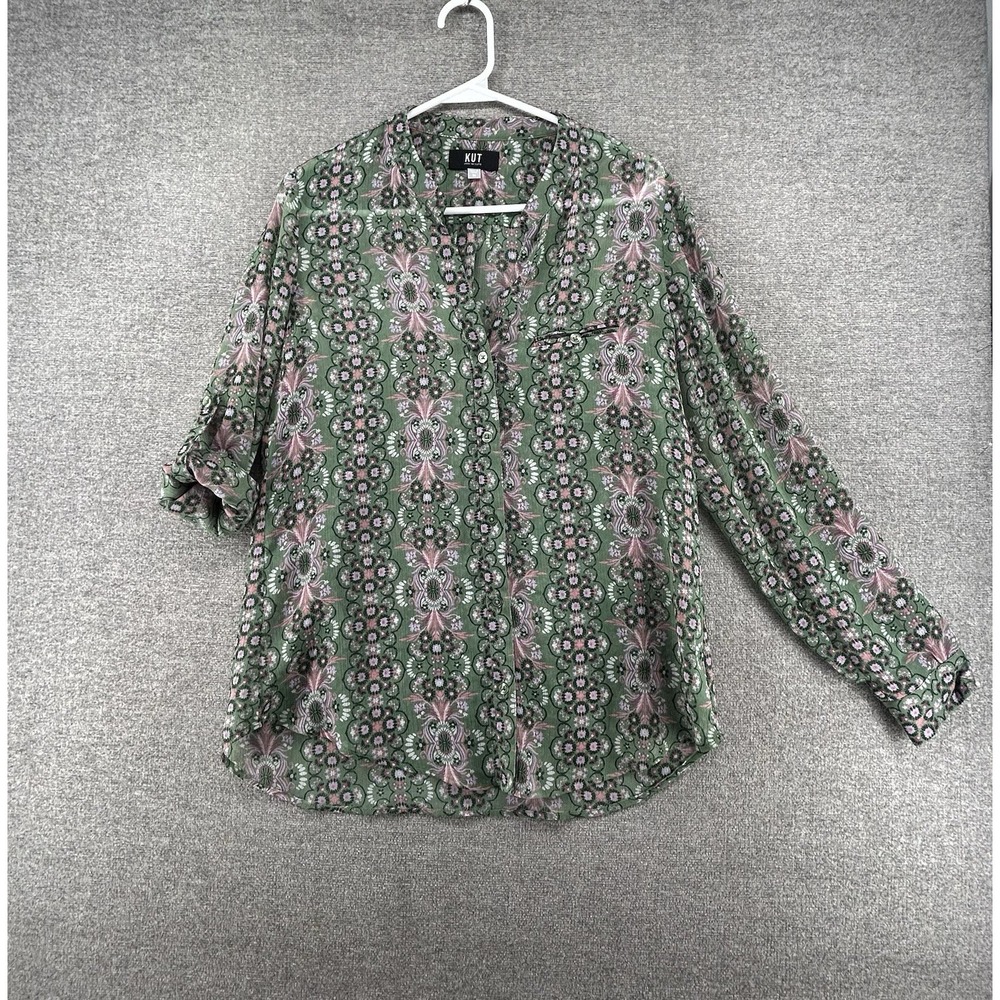 Kut From The Kloth Sheer Blouse Top Women Size Medium Green Geometric Casual